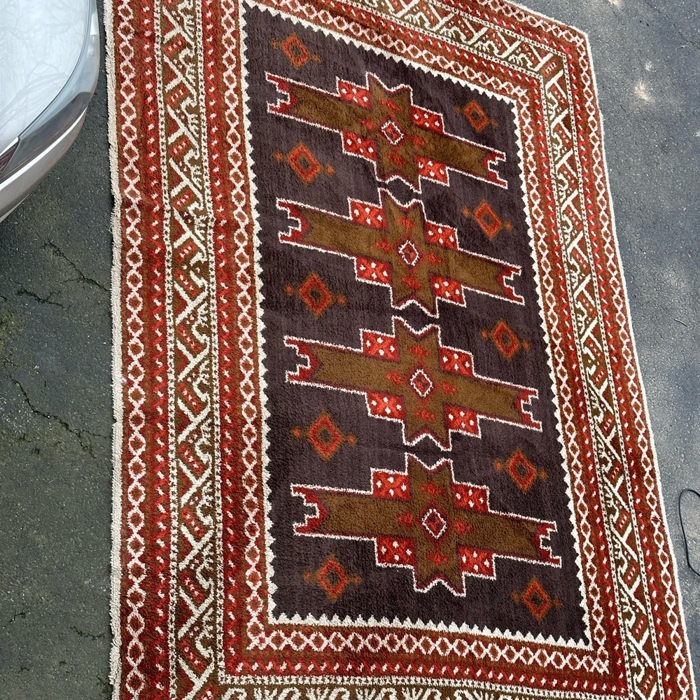 Geometric Patterned Area Rug - Brown, Red, Ecru Bronze MCM Vintage Low Pile Shag